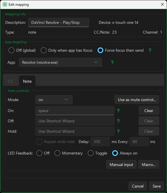 Edit mapping window in MIDI Command Studio